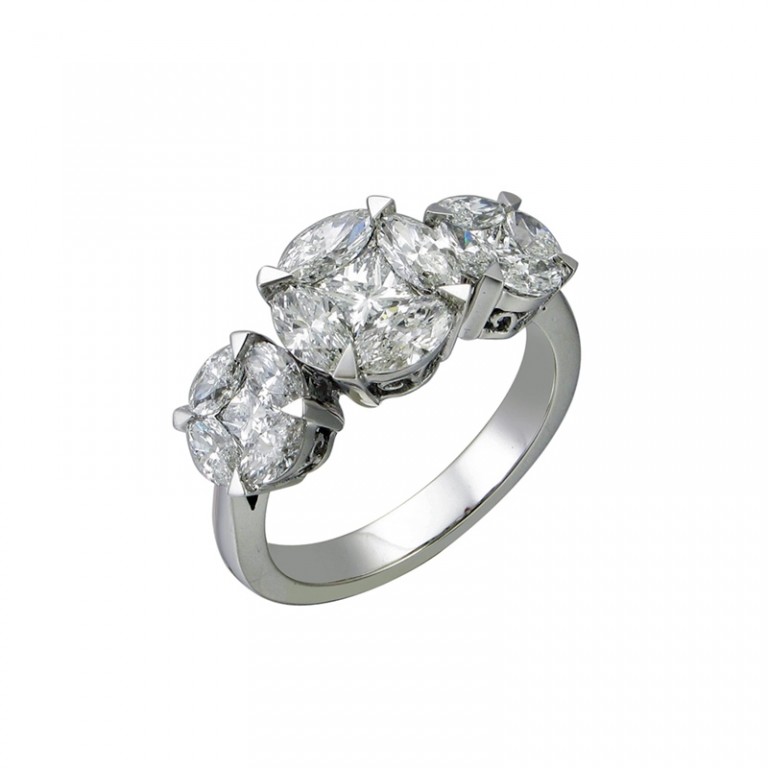 Anel Ouro Branco com Pedras Preciosas