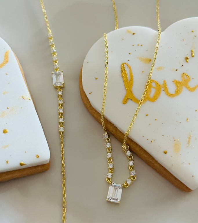 Conjuntos Fio e Pulseira em prata 925 Dourada com Brilhantes