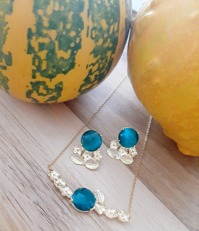Conjunto de brincos e gargantilha Prata 925 Dourada e Brilhantes